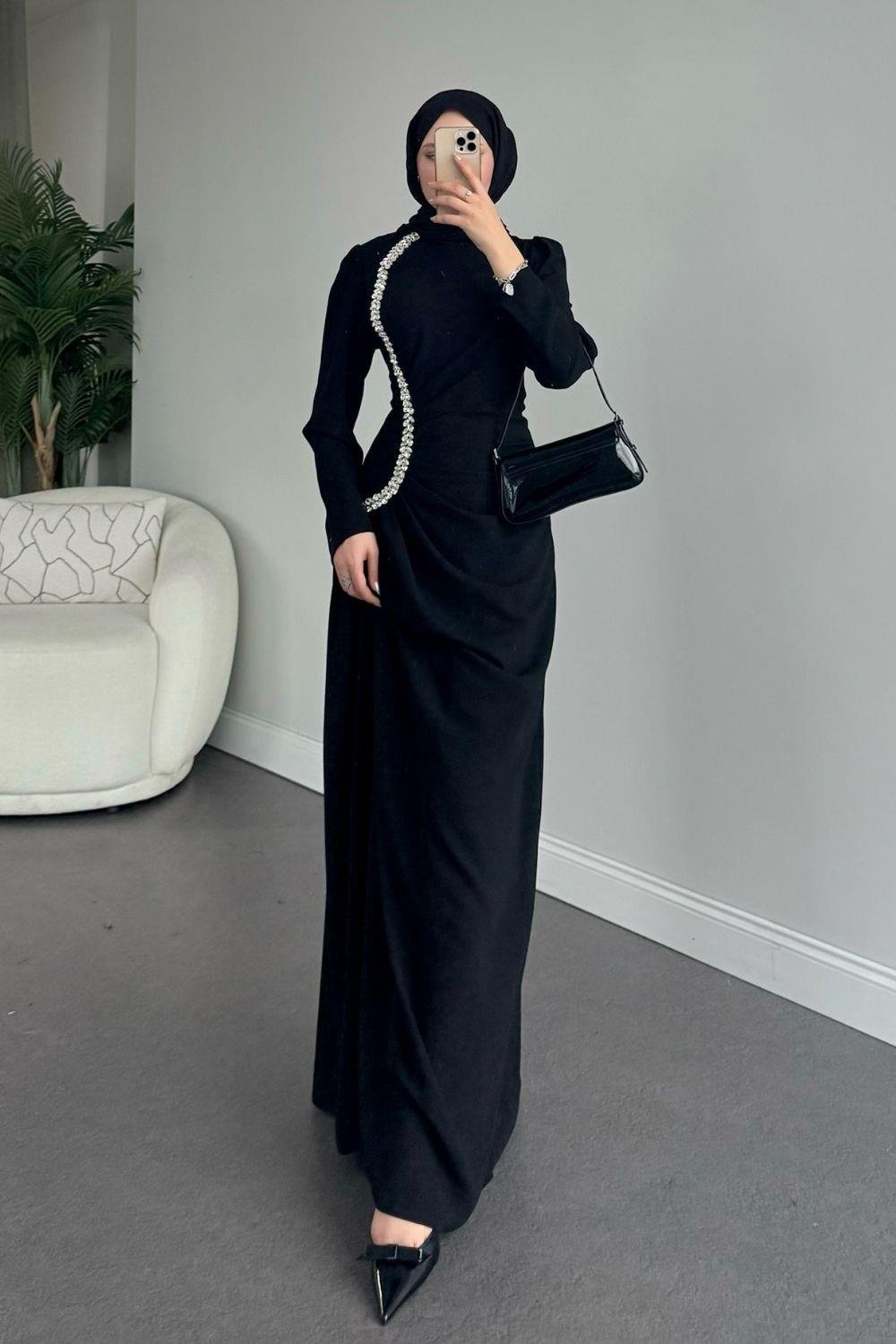 Sole Taşlı Abiye Siyah 4657 