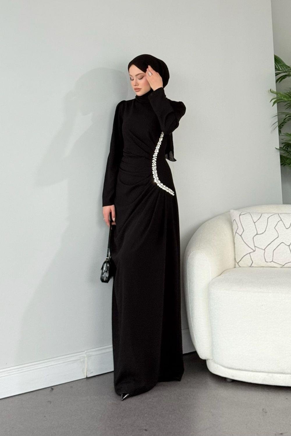 Sole Taşlı Abiye Siyah 4657 