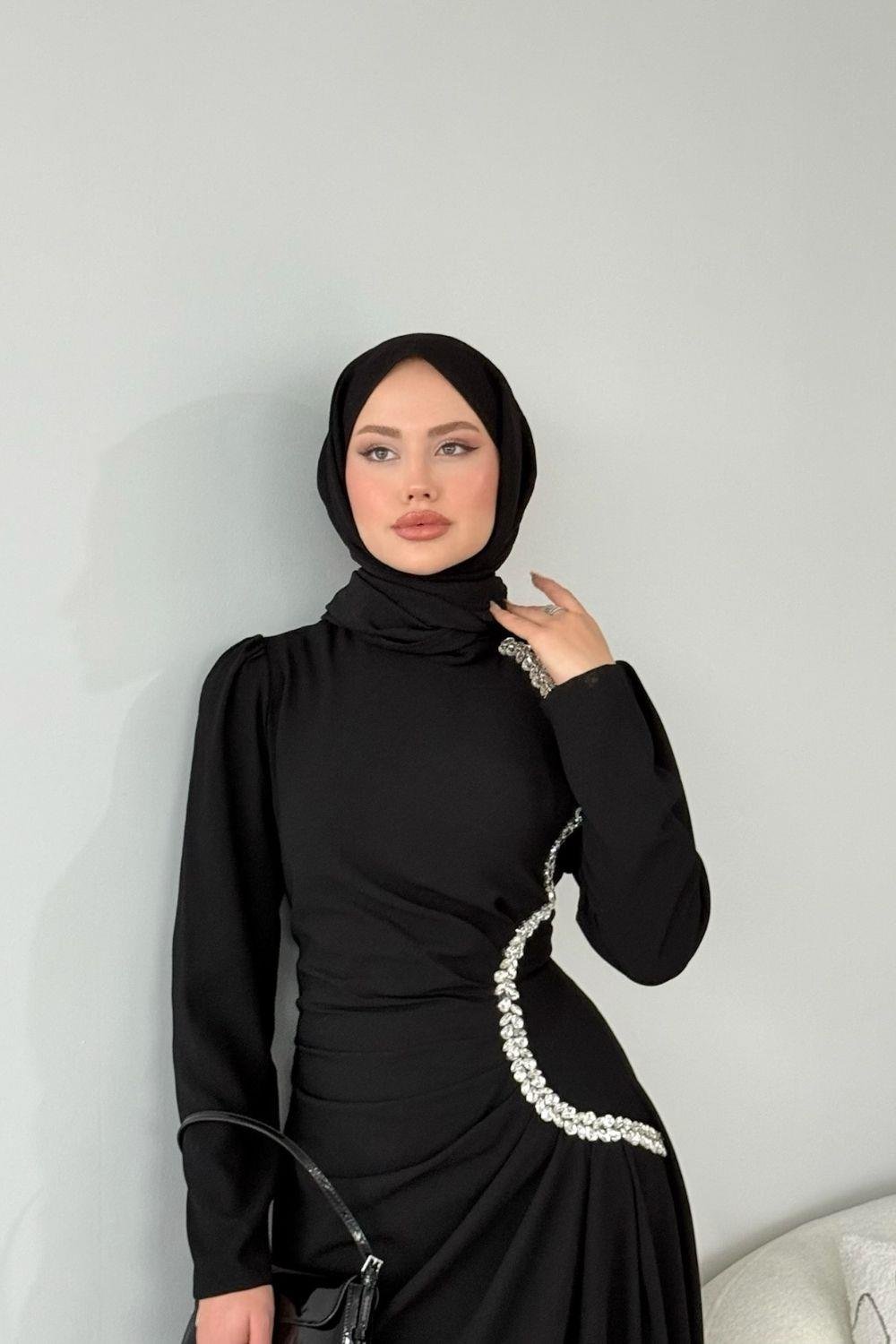 Sole Taşlı Abiye Siyah 4657 