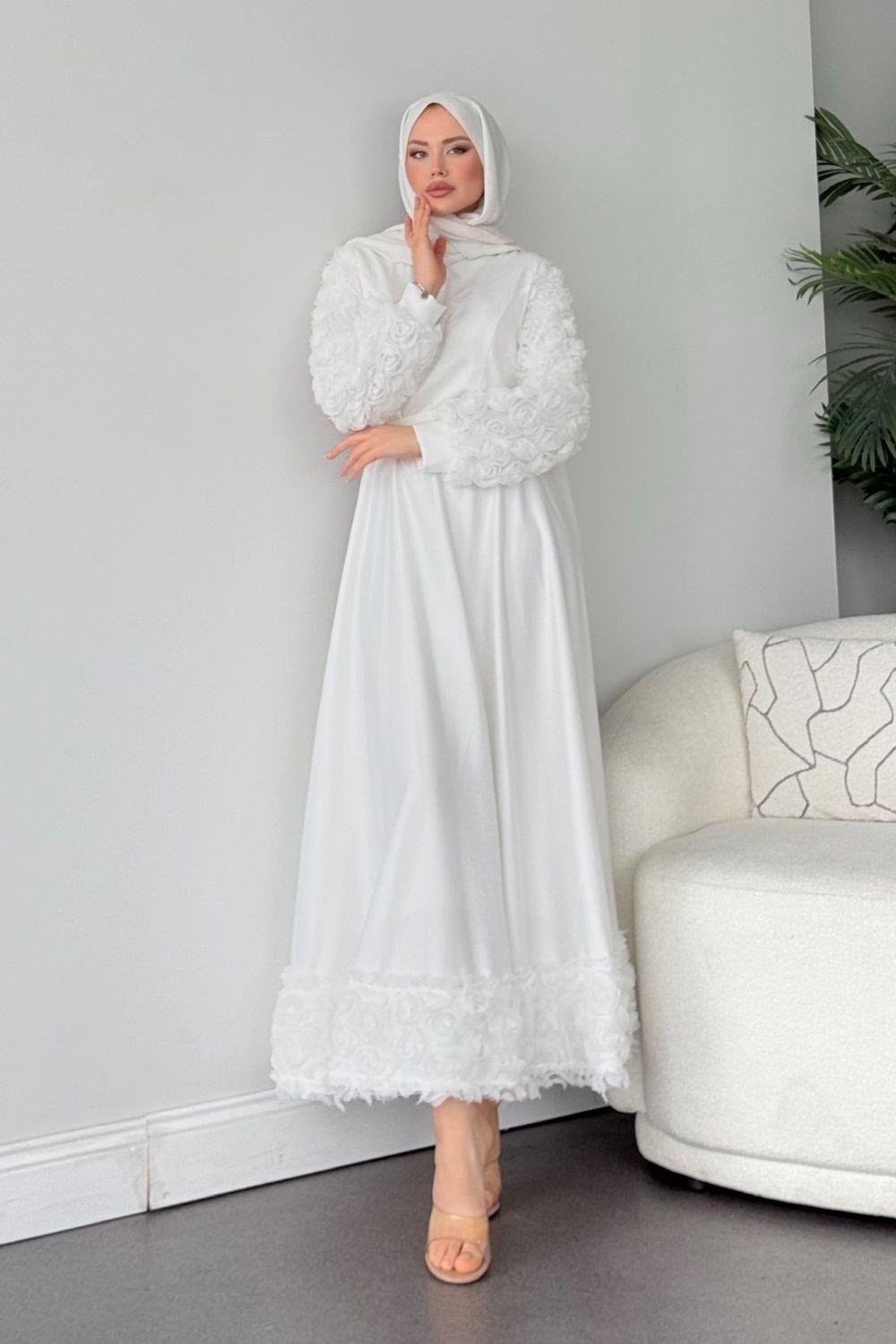 Kolları Ve Etek  Ucu Güllü Abiye Beyaz 4661 