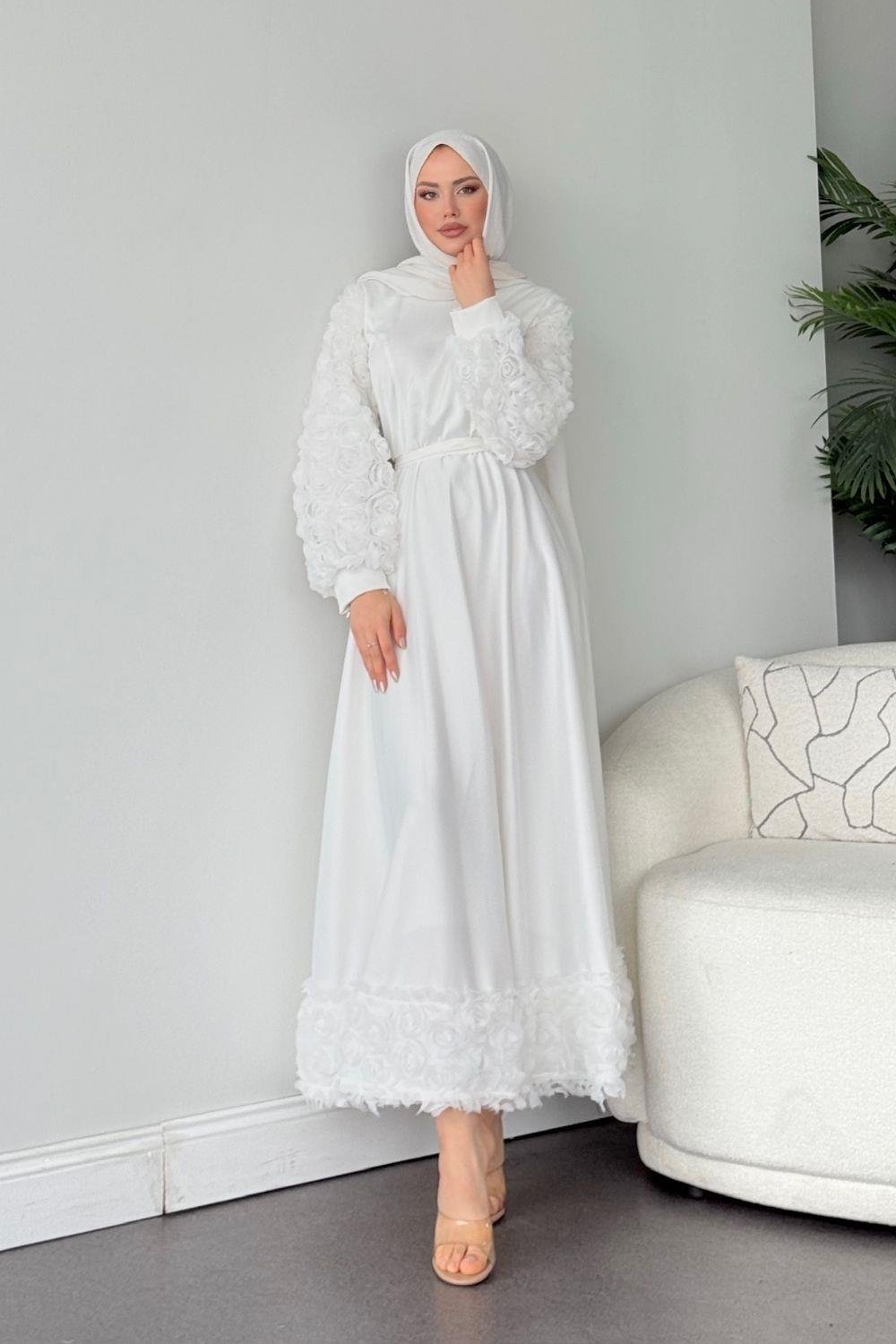 Kolları Ve Etek  Ucu Güllü Abiye Beyaz 4661 