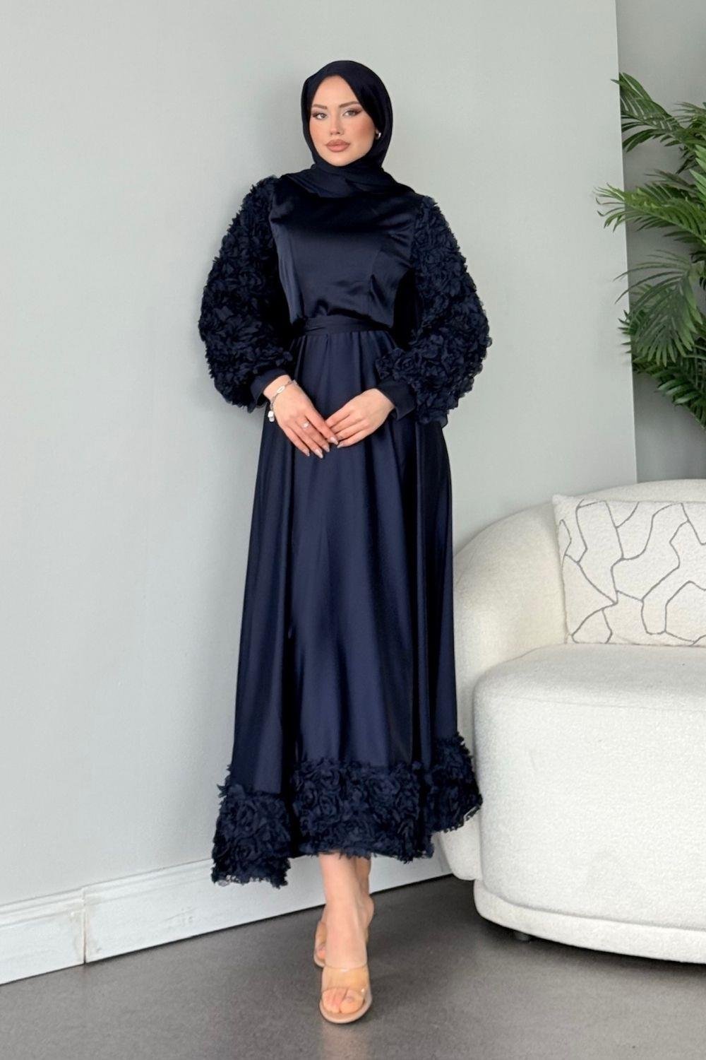 Kolları Ve Etek  Ucu Güllü Abiye Lacivert 4661 