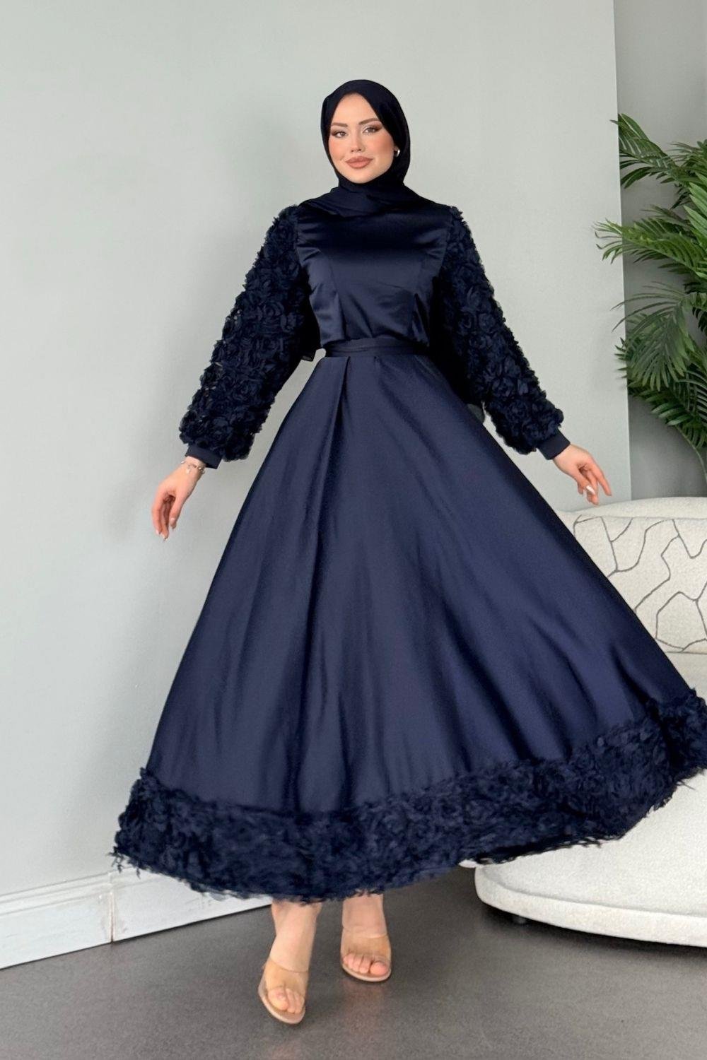 Kolları Ve Etek  Ucu Güllü Abiye Lacivert 4661 