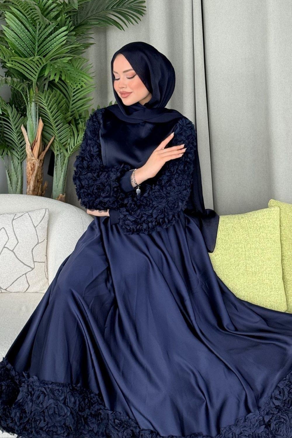 Kolları Ve Etek  Ucu Güllü Abiye Lacivert 4661 