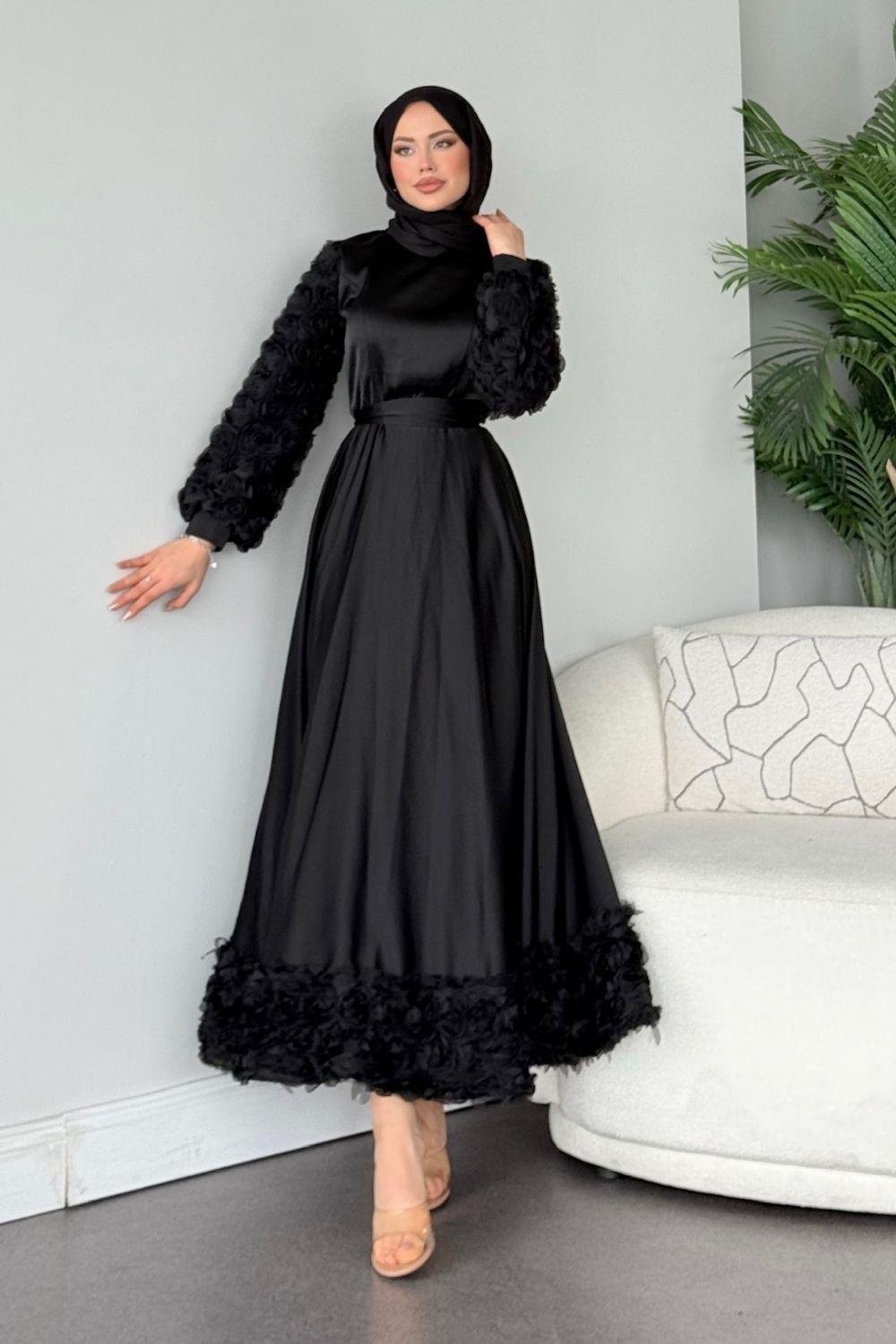 Kolları Ve Etek  Ucu Güllü Abiye Siyah 4661 
