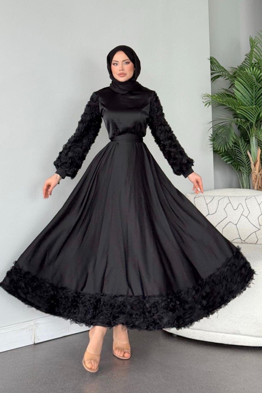 Kolları Ve Etek  Ucu Güllü Abiye Siyah 4661 
