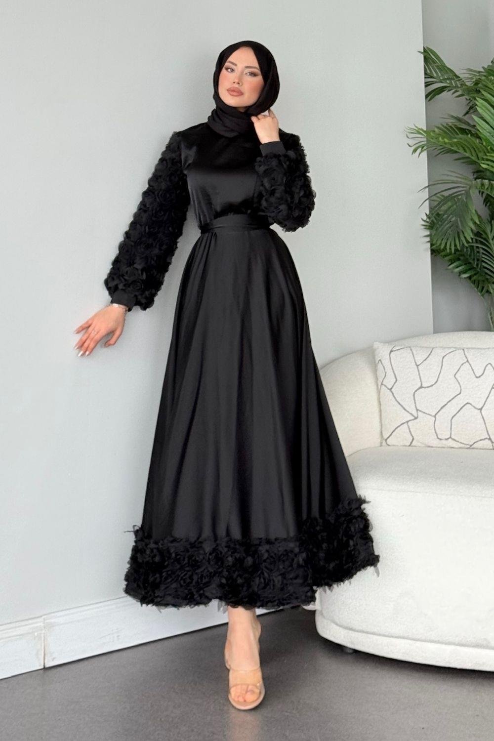 Kolları Ve Etek  Ucu Güllü Abiye Siyah 4661 