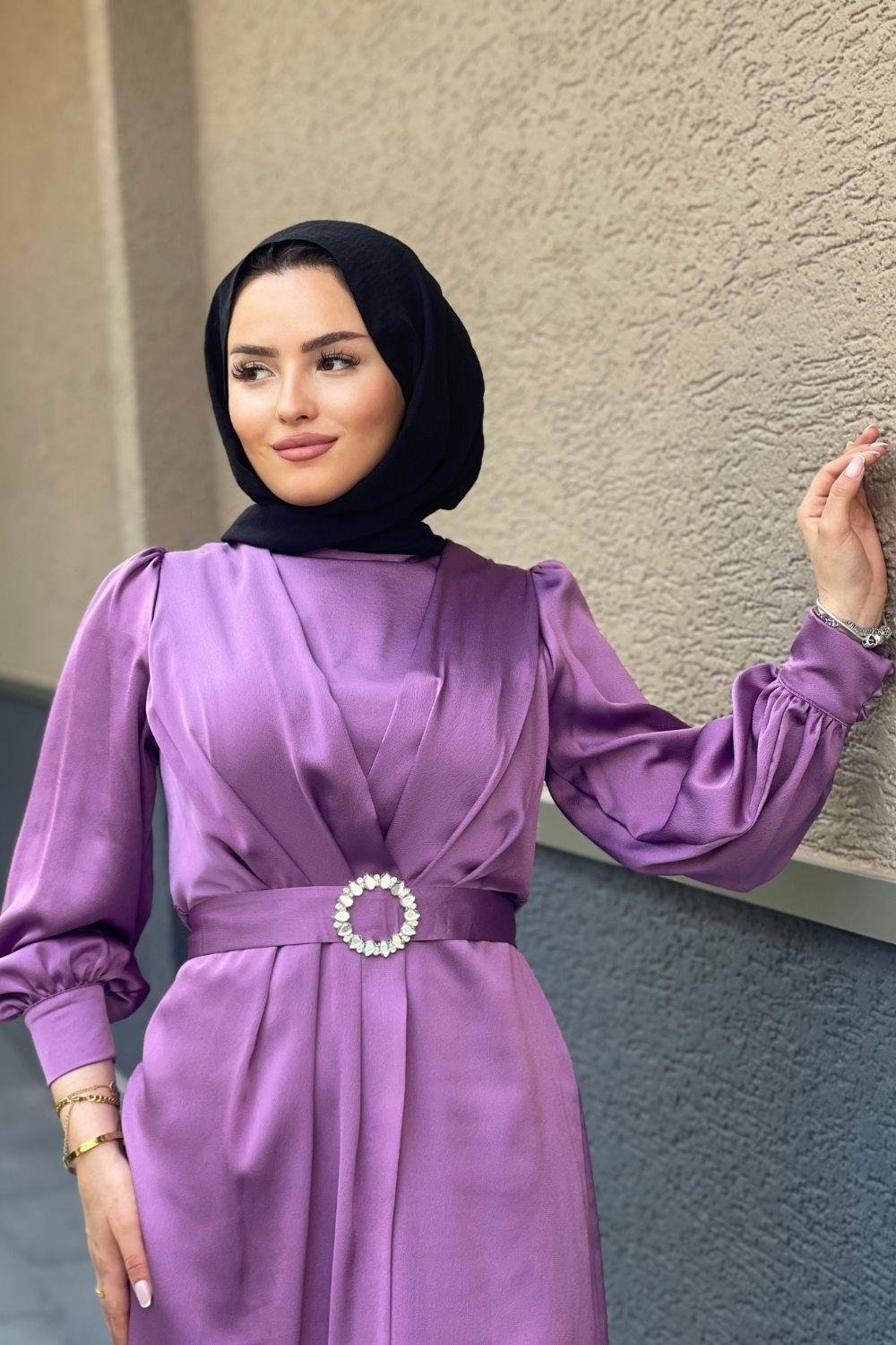 Kruvaze Taşlı Sten Abiye Lila 4662 