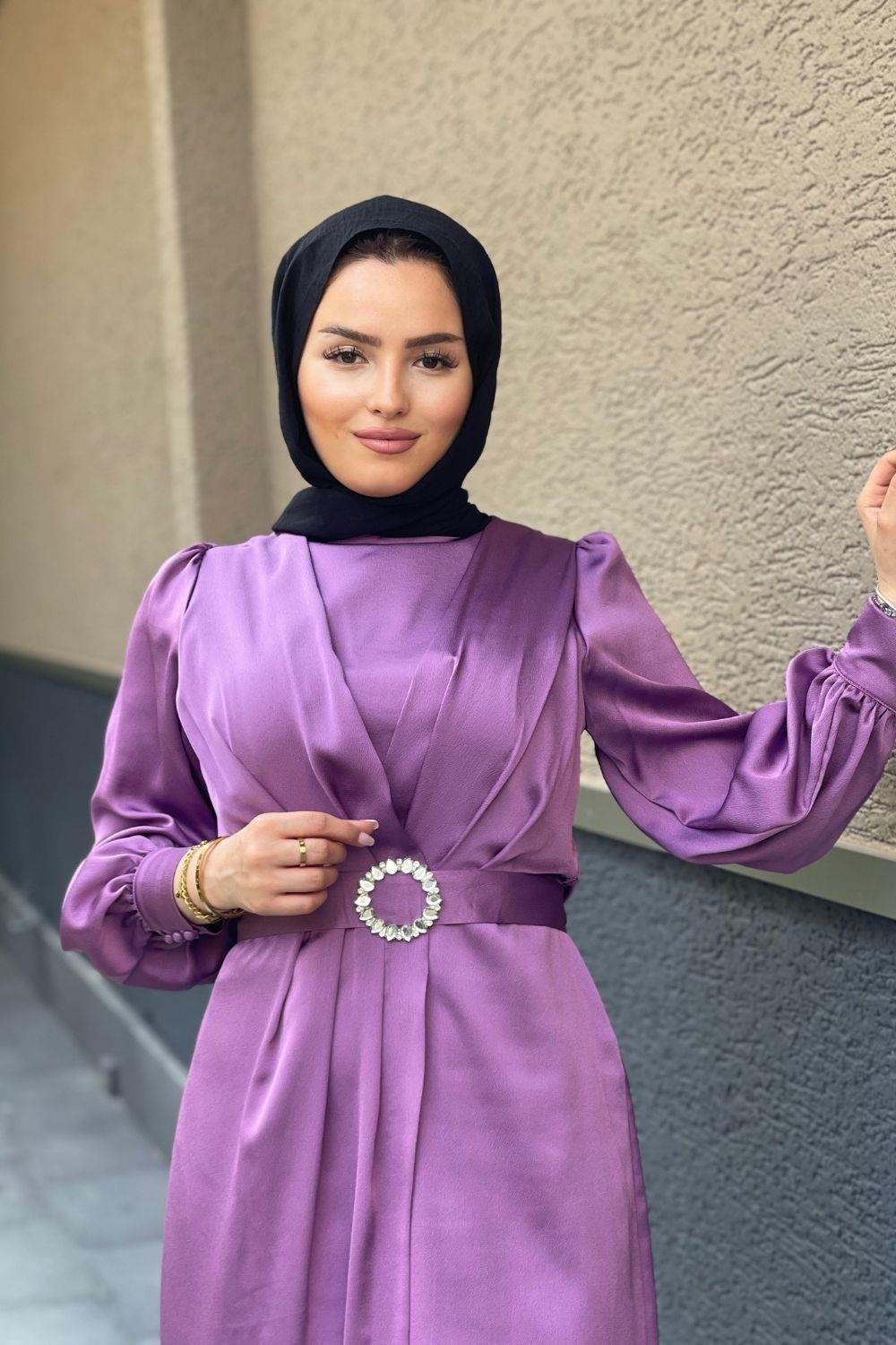 Kruvaze Taşlı Sten Abiye Lila 4662 