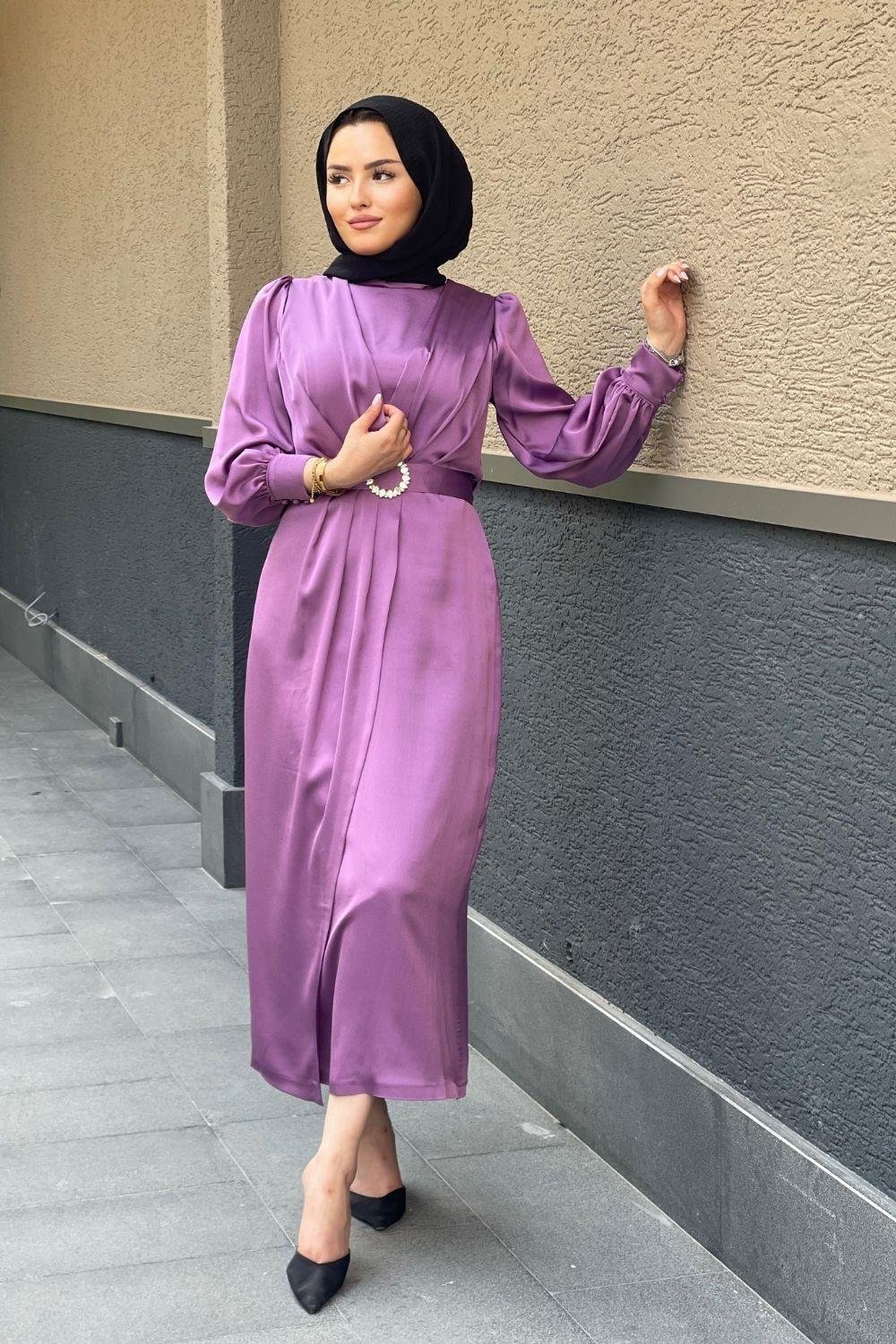 Kruvaze Taşlı Sten Abiye Lila 4662 
