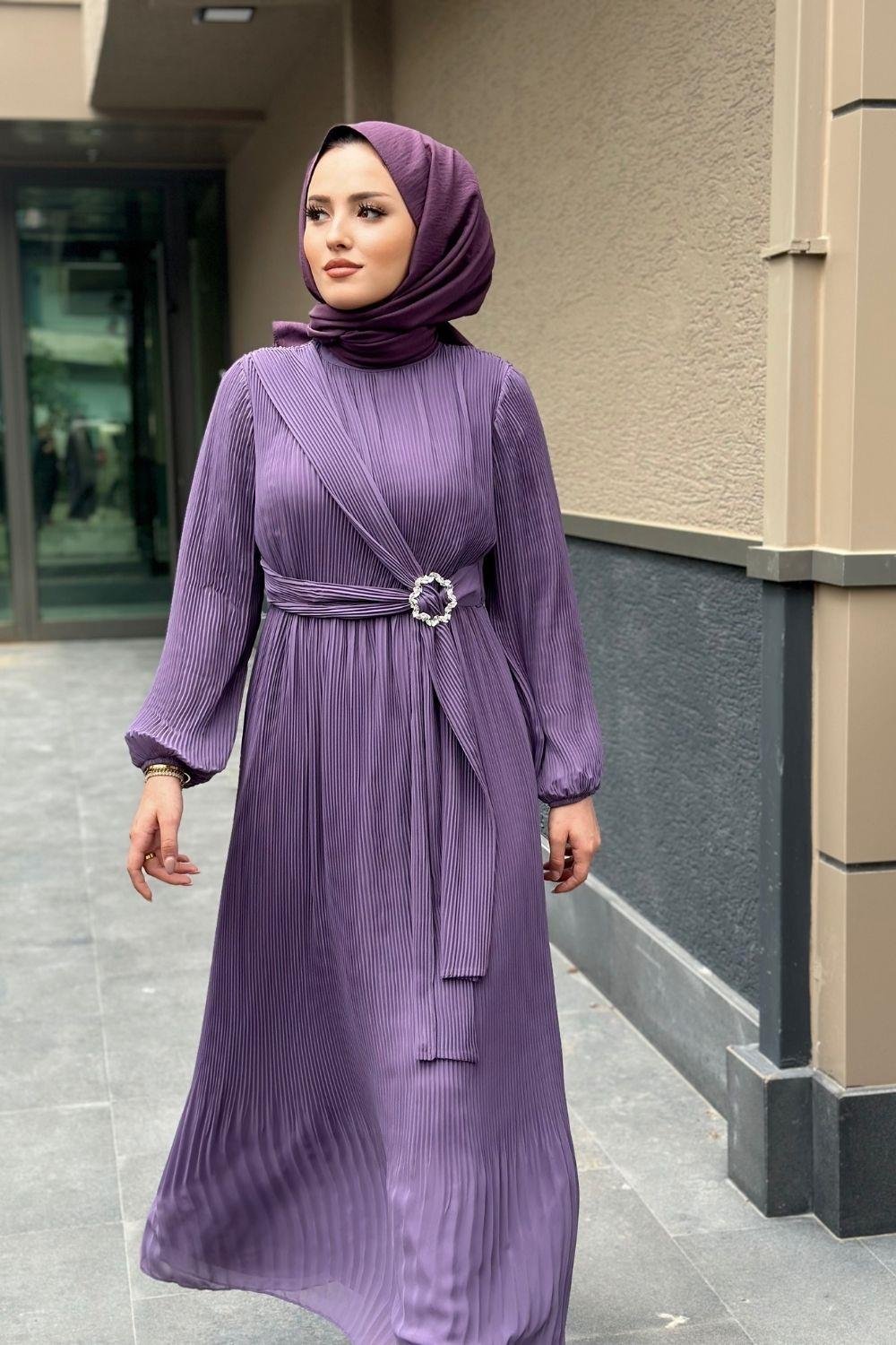 Taş Kemerli Pileli Elbise Lila 4688 