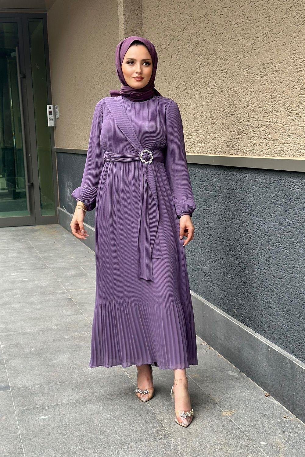 Taş Kemerli Pileli Elbise Lila 4688 