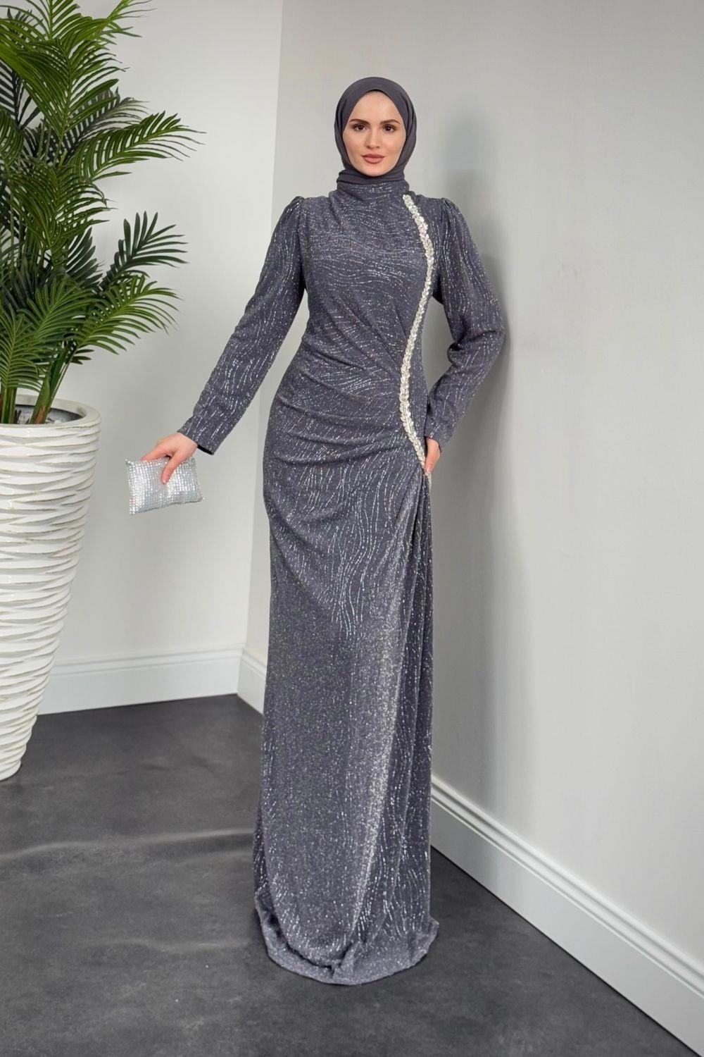 Simli Yandan Taşlı Abiye Füme 4692 