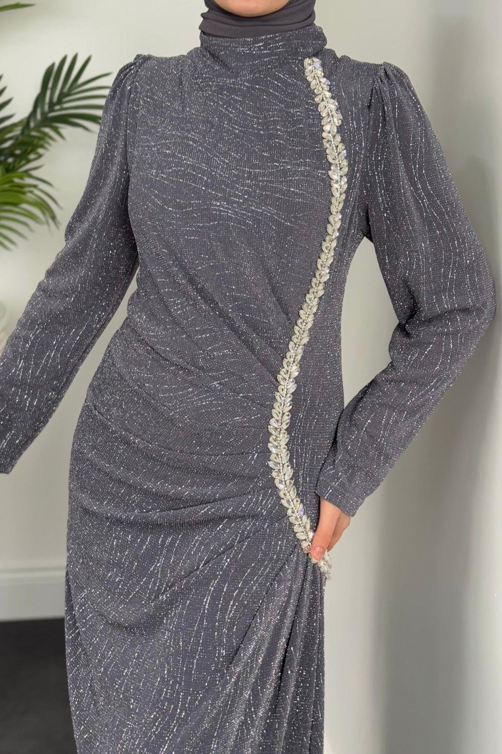 Simli Yandan Taşlı Abiye Füme 4692 