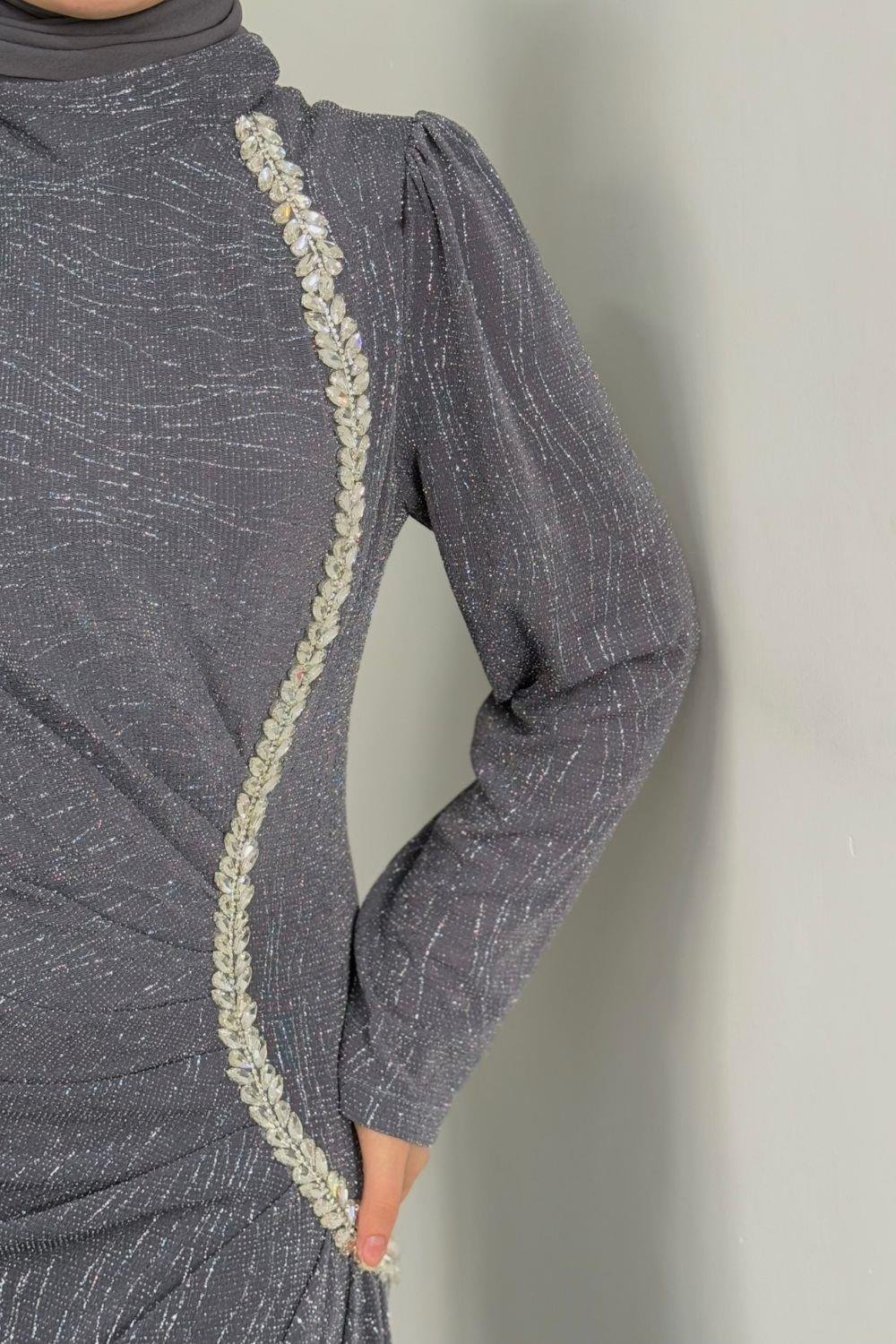 Simli Yandan Taşlı Abiye Füme 4692 