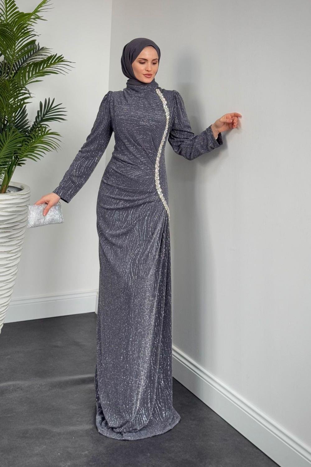 Simli Yandan Taşlı Abiye Füme 4692 