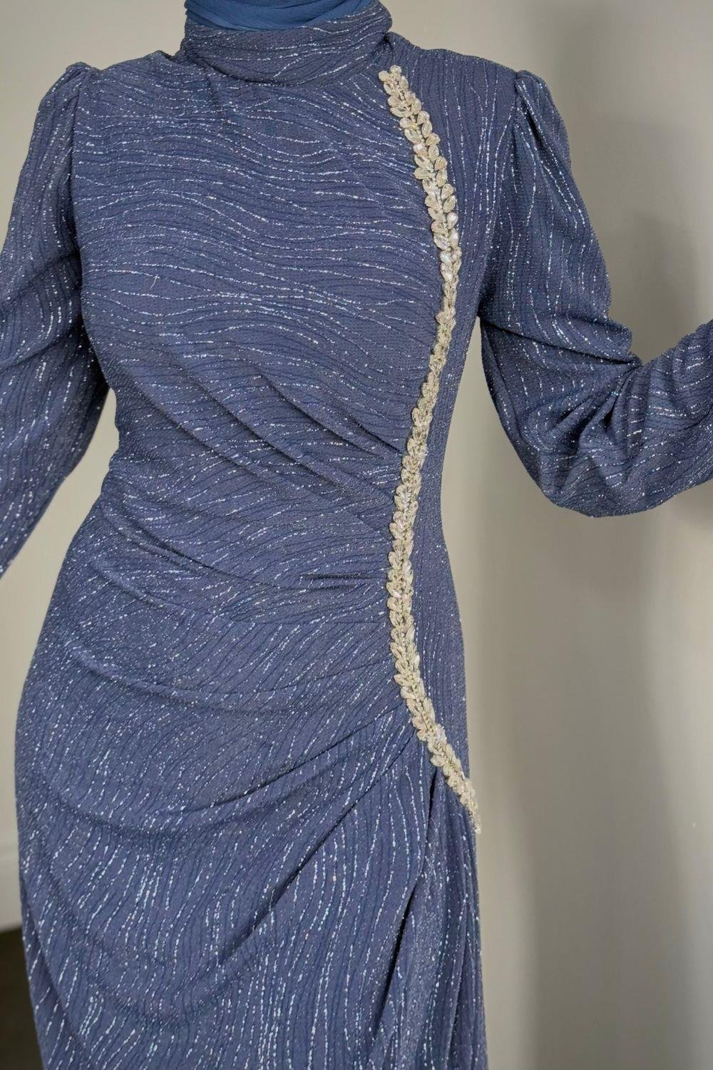 Simli Yandan Taşlı Abiye İndigo 4692 