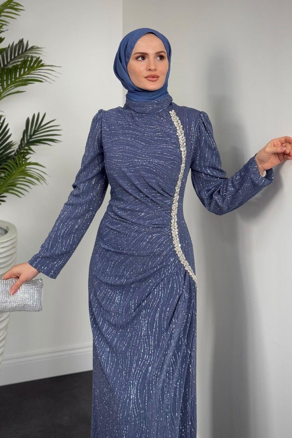 Simli Yandan Taşlı Abiye İndigo 4692 