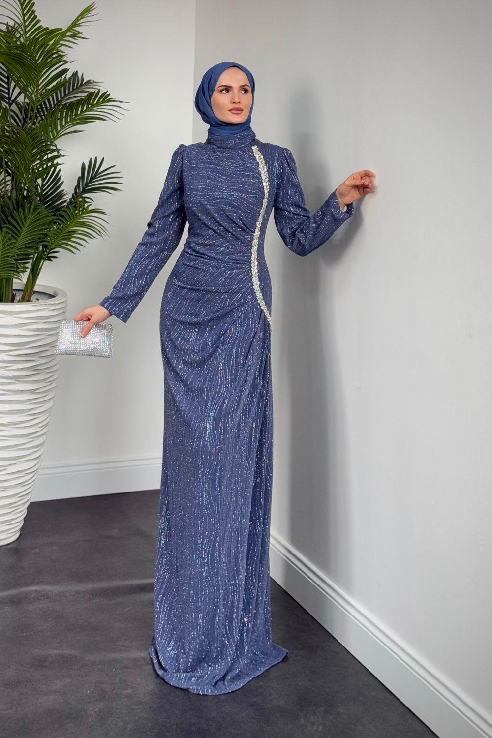 Simli Yandan Taşlı Abiye İndigo 4692 