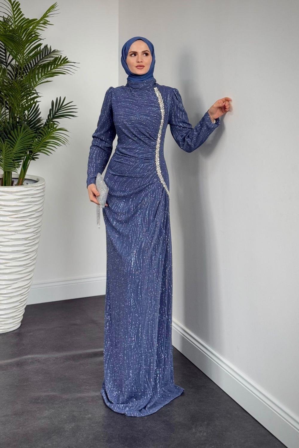 Simli Yandan Taşlı Abiye İndigo 4692 