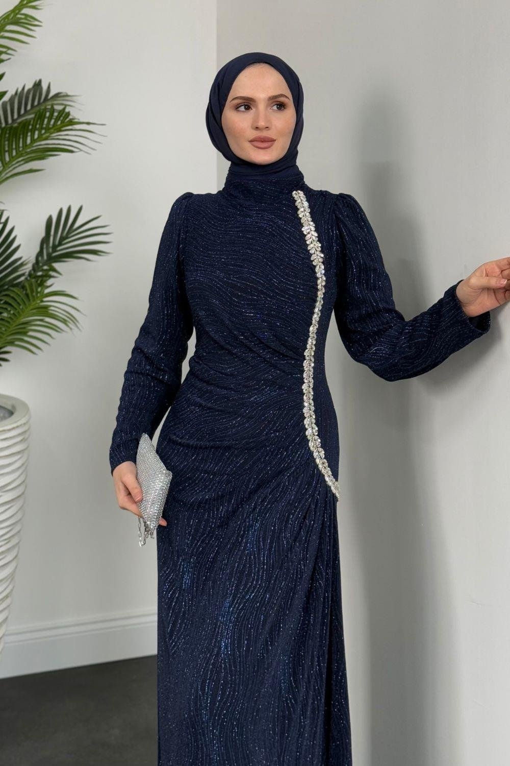 Simli Yandan Taşlı Abiye Lacivert 4692 