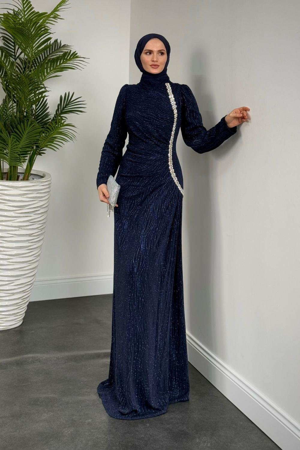 Simli Yandan Taşlı Abiye Lacivert 4692 