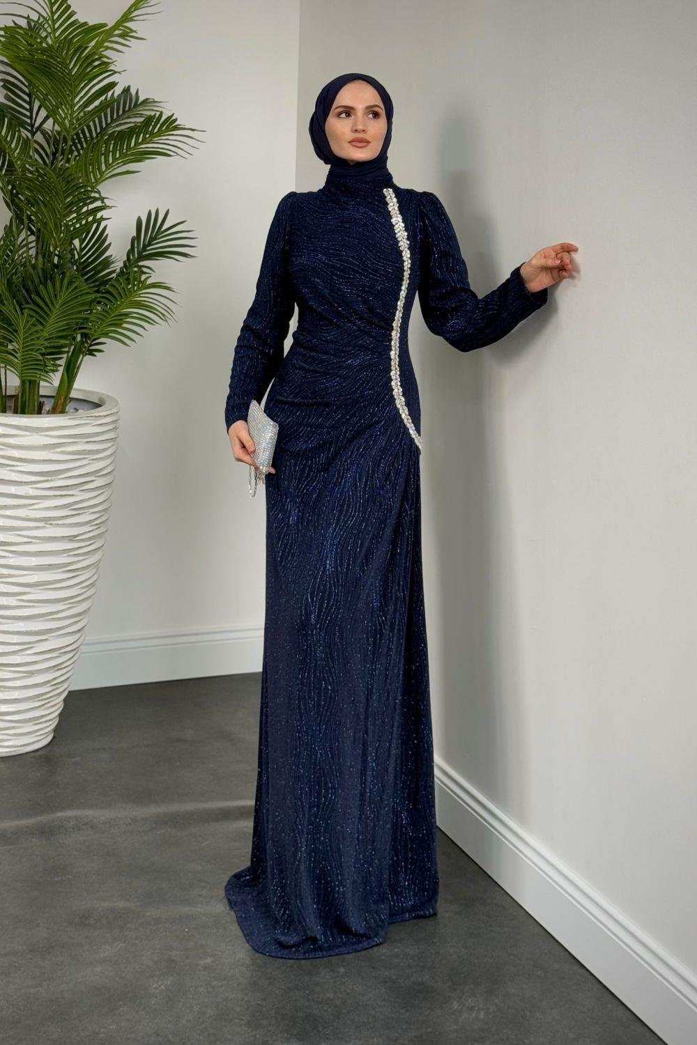 Simli Yandan Taşlı Abiye Lacivert 4692 