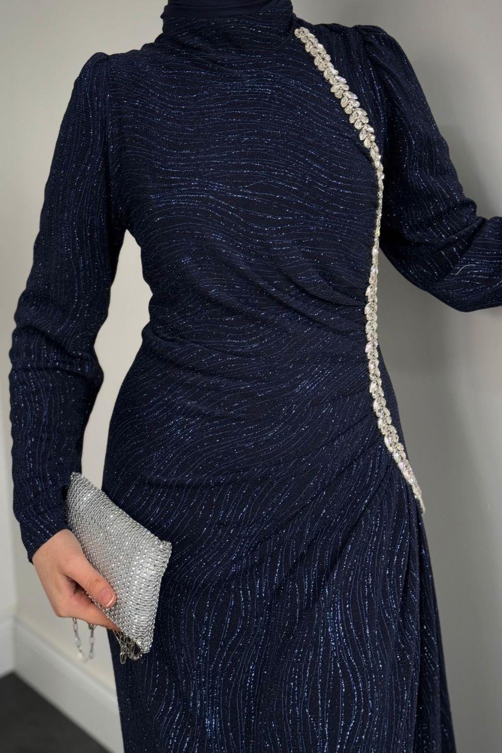 Simli Yandan Taşlı Abiye Lacivert 4692 