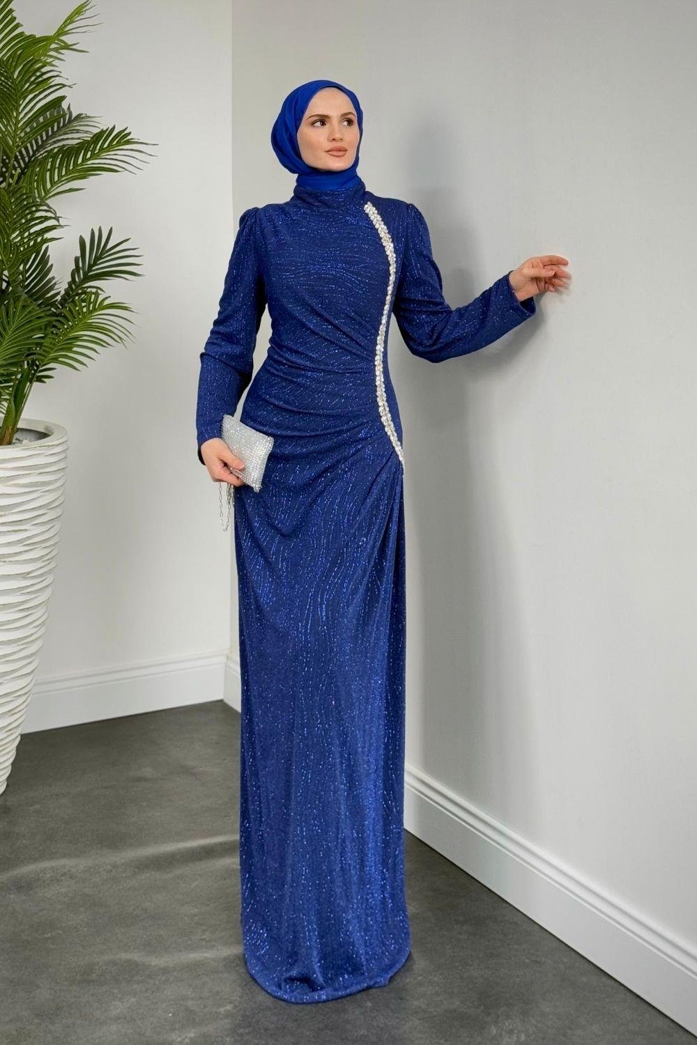 Simli Yandan Taşlı Abiye Saks 4692 