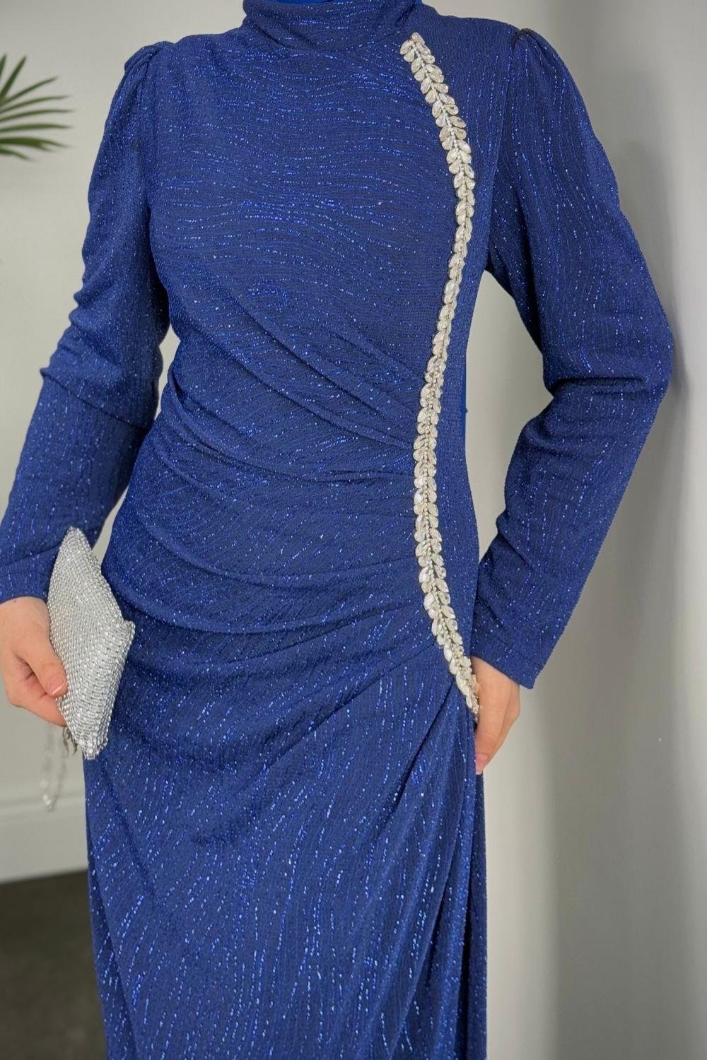 Simli Yandan Taşlı Abiye Saks 4692 