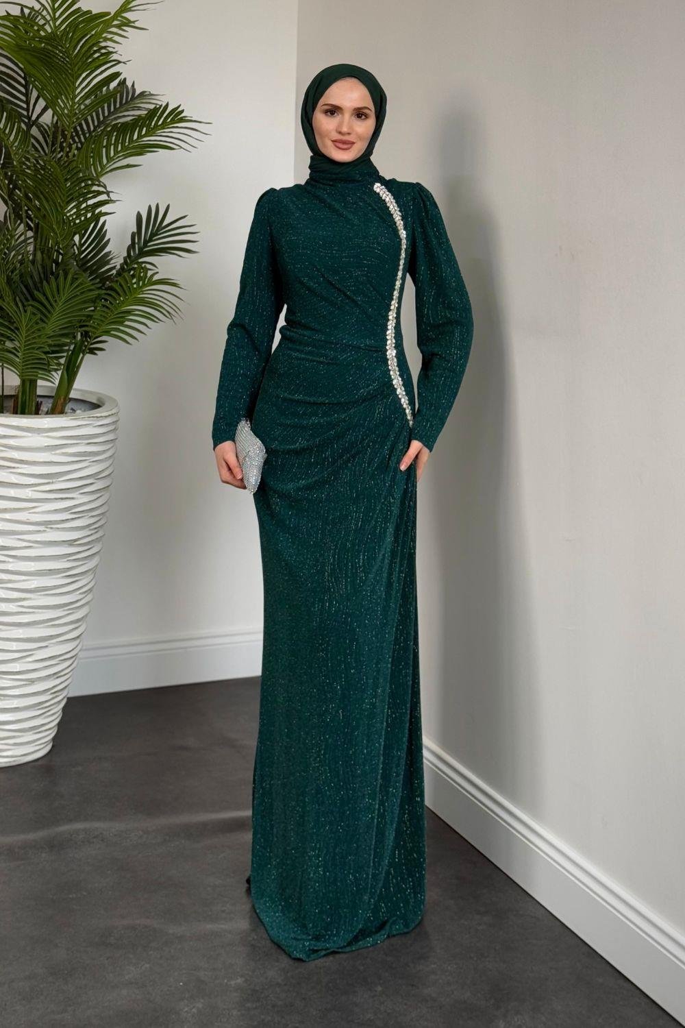 Simli Yandan Taşlı Abiye Zümrüt 4692 