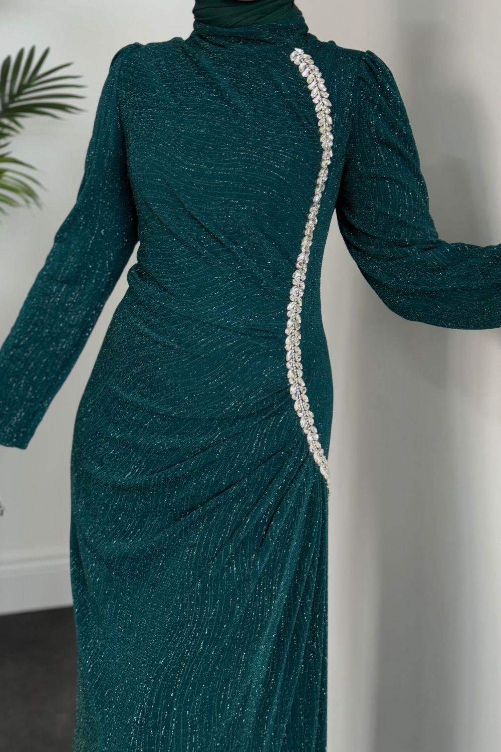 Simli Yandan Taşlı Abiye Zümrüt 4692 