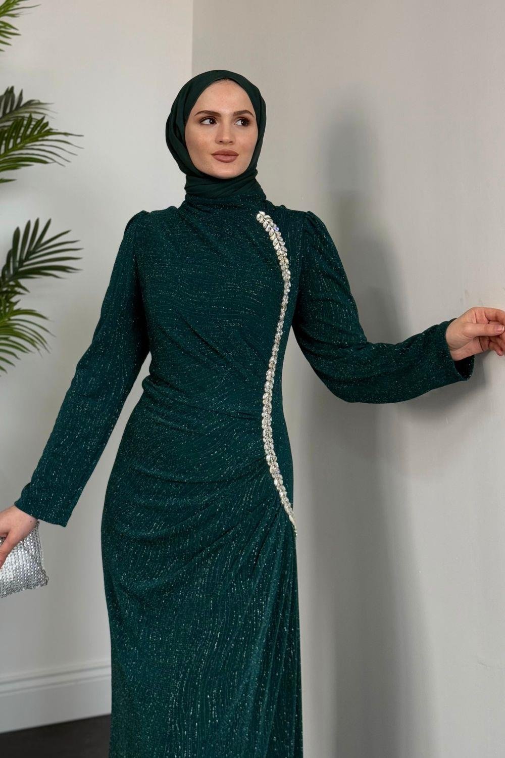 Simli Yandan Taşlı Abiye Zümrüt 4692 