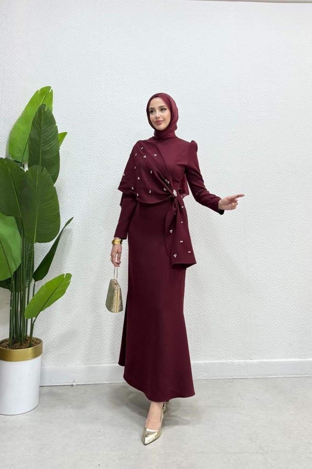 Hilary Drape Detay Abiye Bordo 4725 