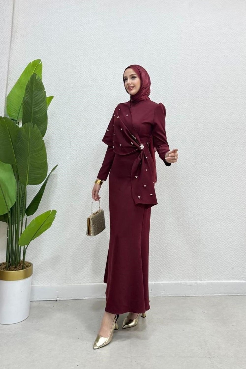 Hilary Drape Detay Abiye Bordo 4725 