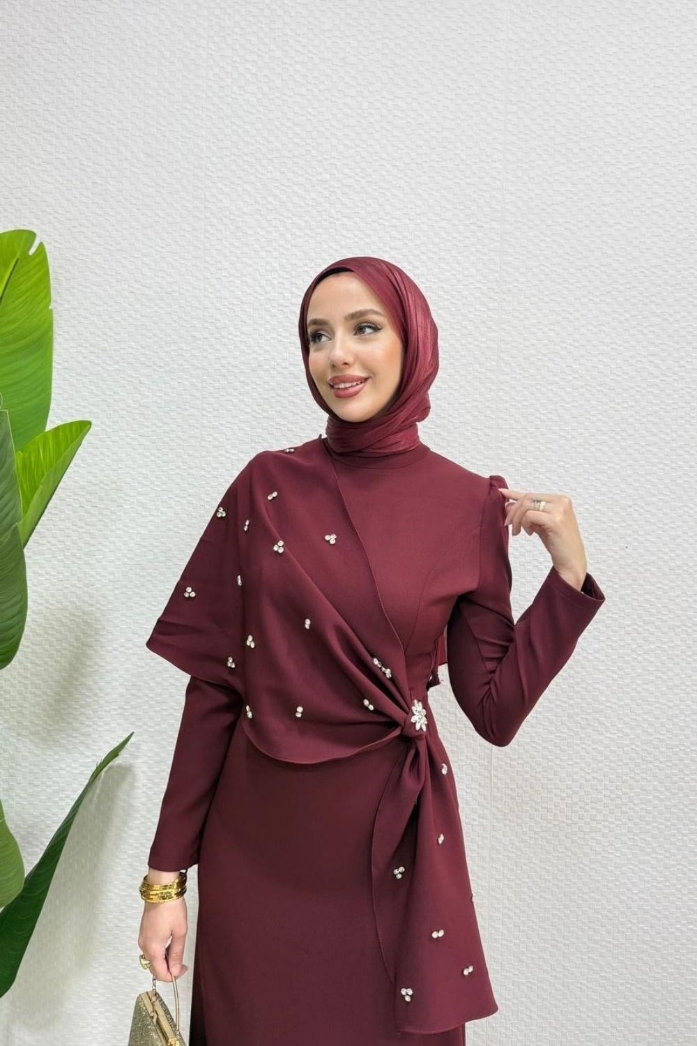 Hilary Drape Detay Abiye Bordo 4725 