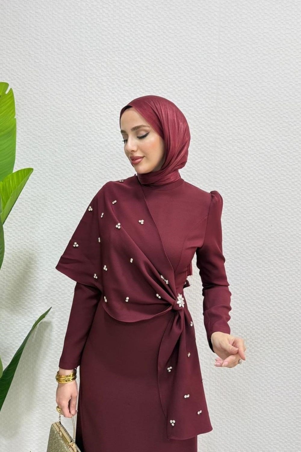 Hilary Drape Detay Abiye Bordo 4725 