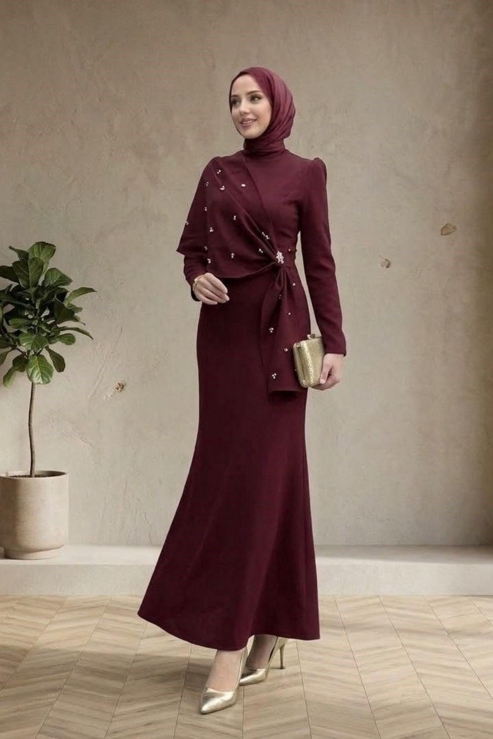 Hilary Drape Detay Abiye Bordo 4725 