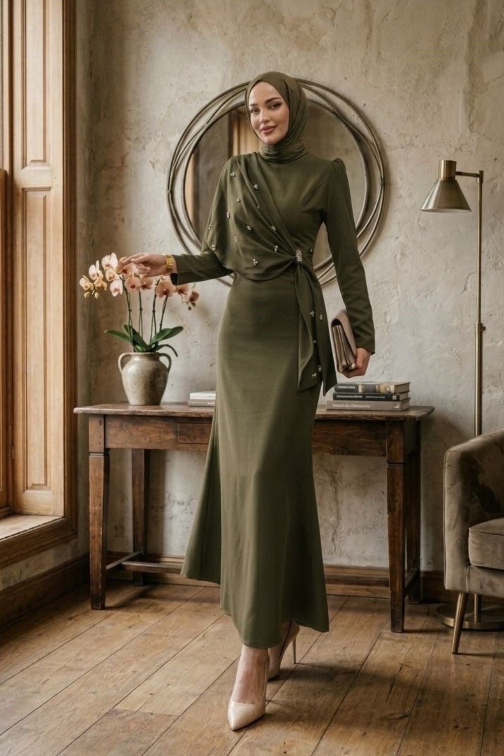 Hilary Drape Detay Abiye Haki 4725 