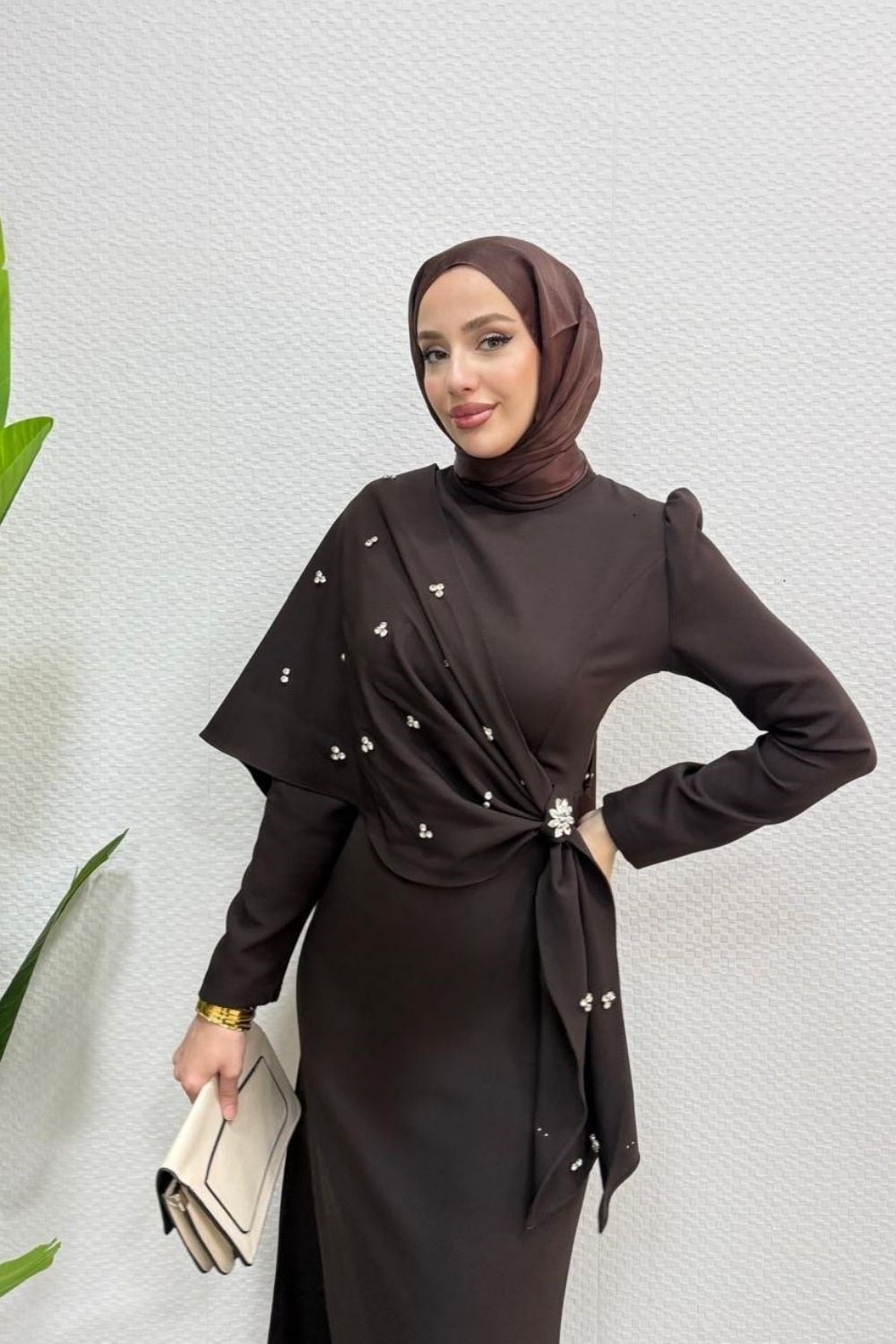 Hilary Drape Detay Abiye Kahverengi 4725 