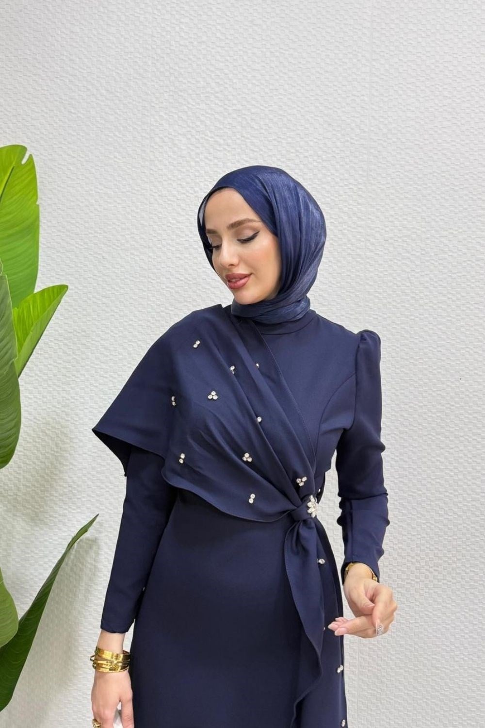 Hilary Drape Detay Abiye Lacivert 4725 