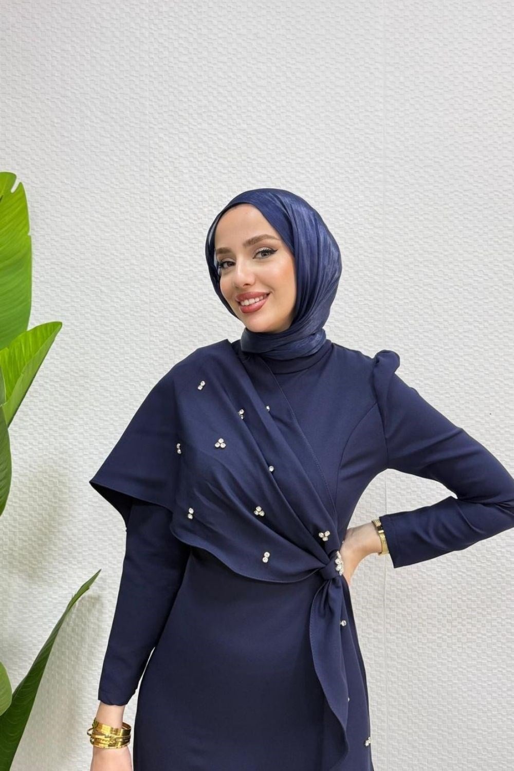 Hilary Drape Detay Abiye Lacivert 4725 