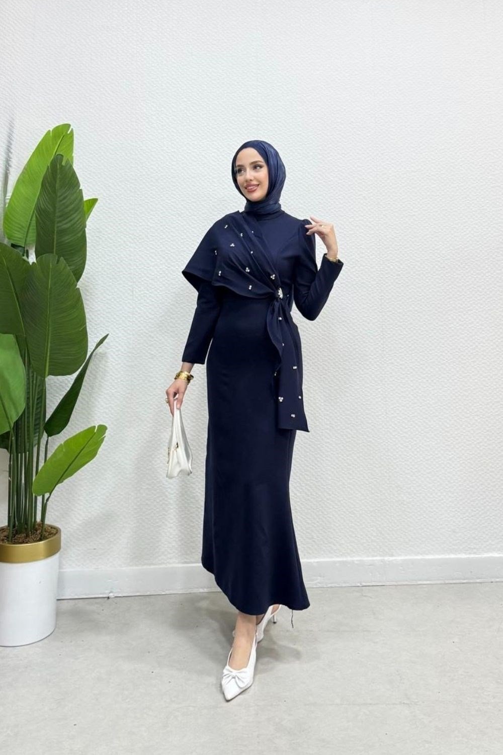Hilary Drape Detay Abiye Lacivert 4725 