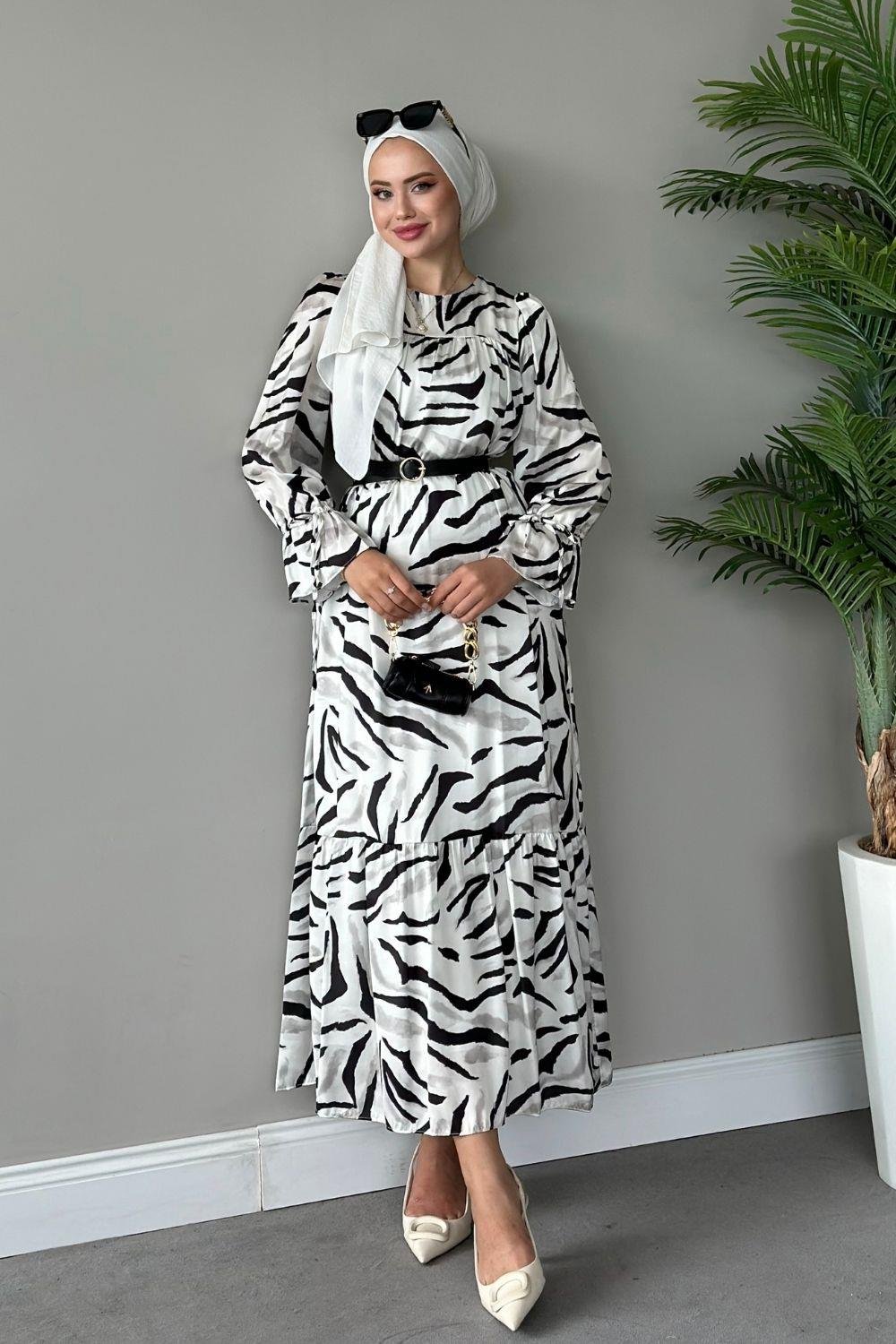 Belda Desenli Elbise Siyah 4744 