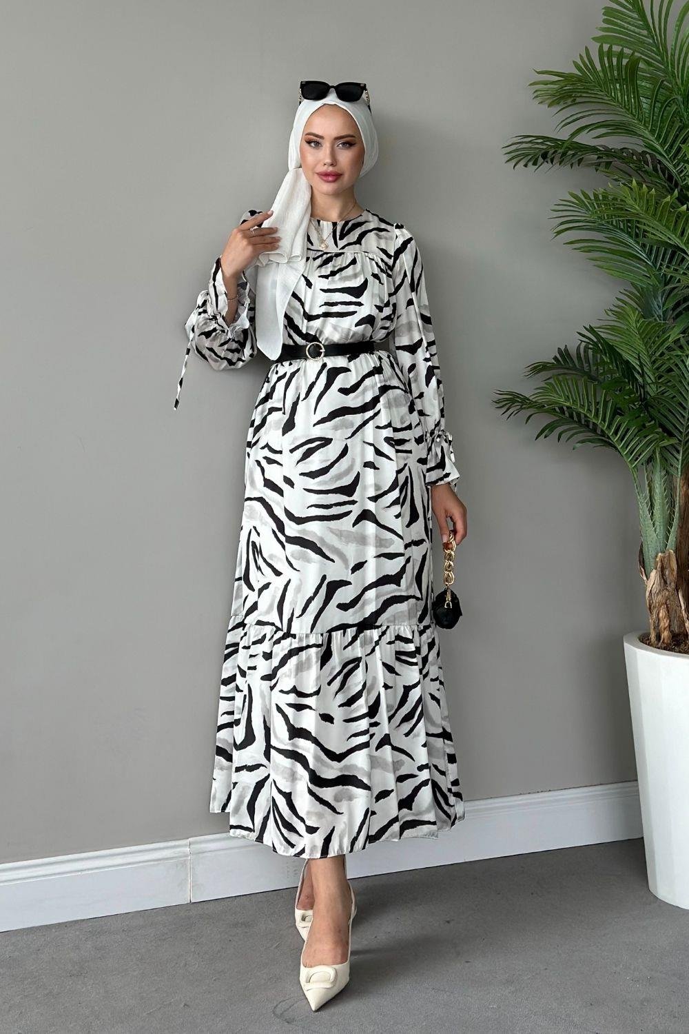 Belda Desenli Elbise Siyah 4744 