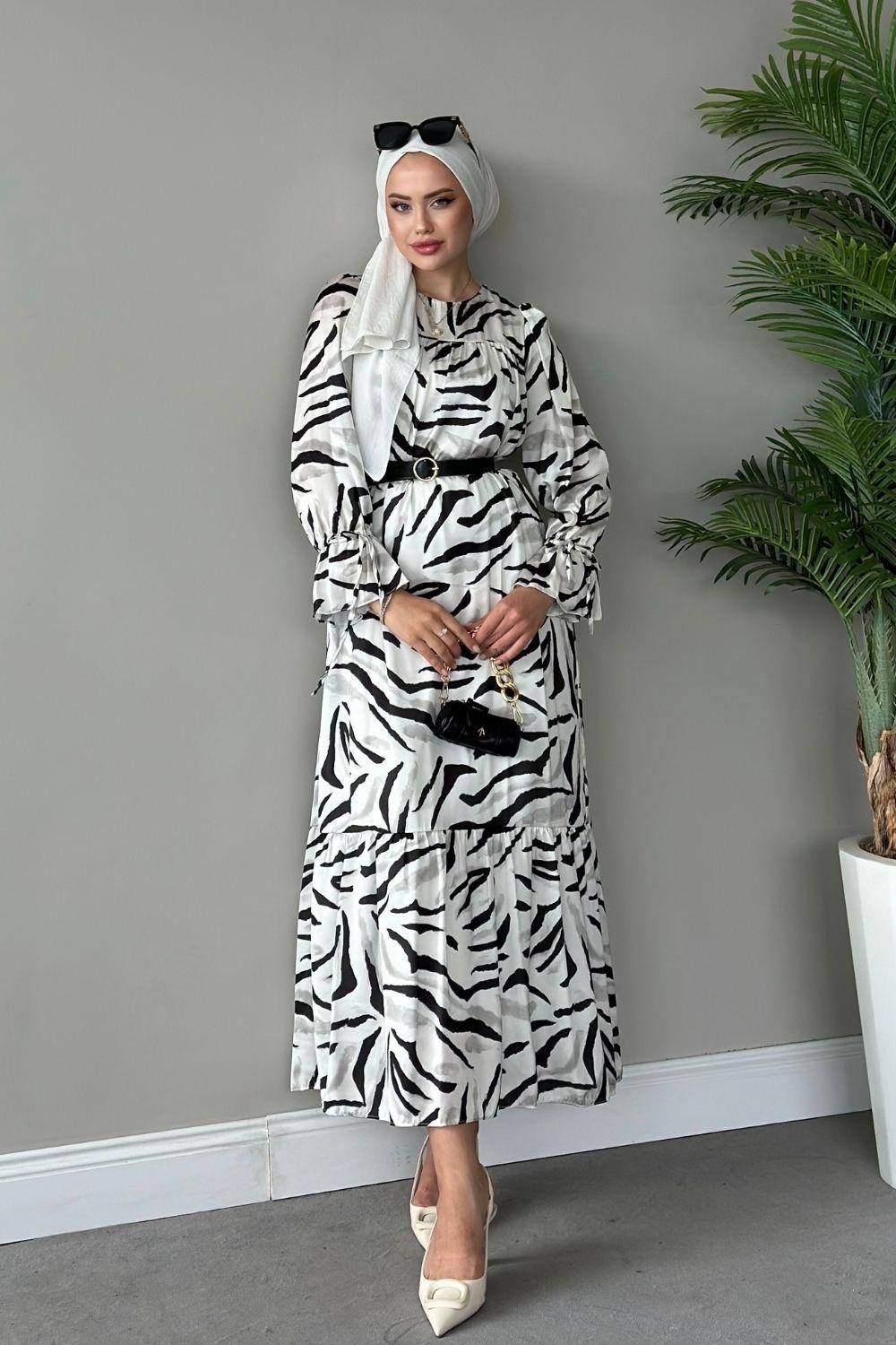 Belda Desenli Elbise Siyah 4744 