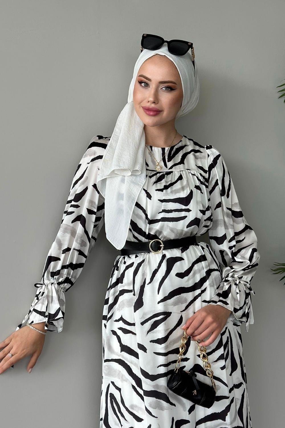 Belda Desenli Elbise Siyah 4744 