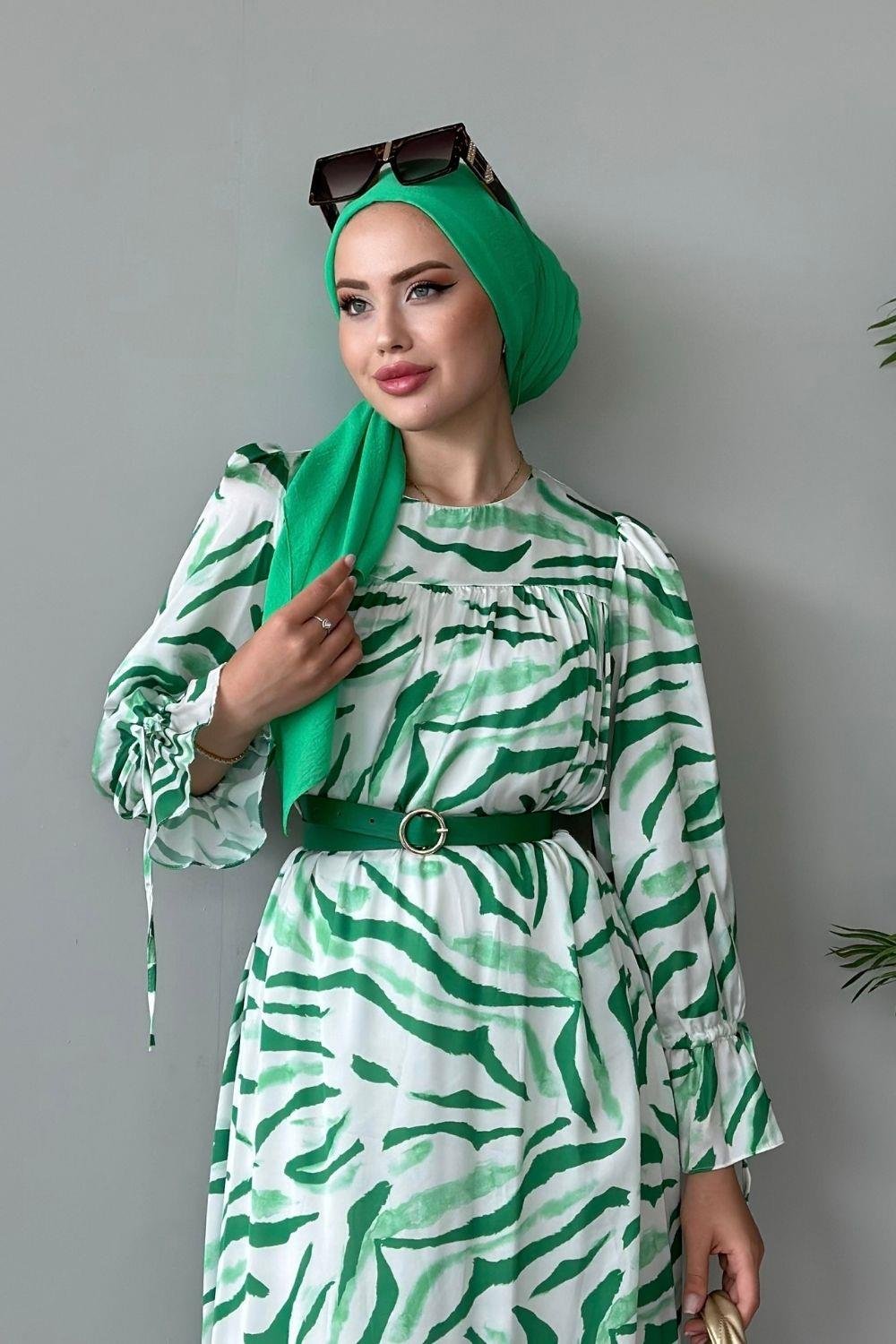 Belda Desenli Elbise Yeşil 4744 