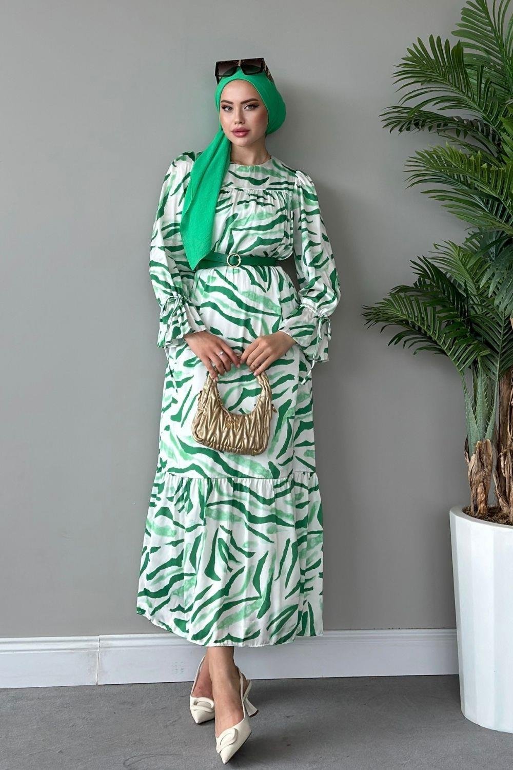 Belda Desenli Elbise Yeşil 4744 
