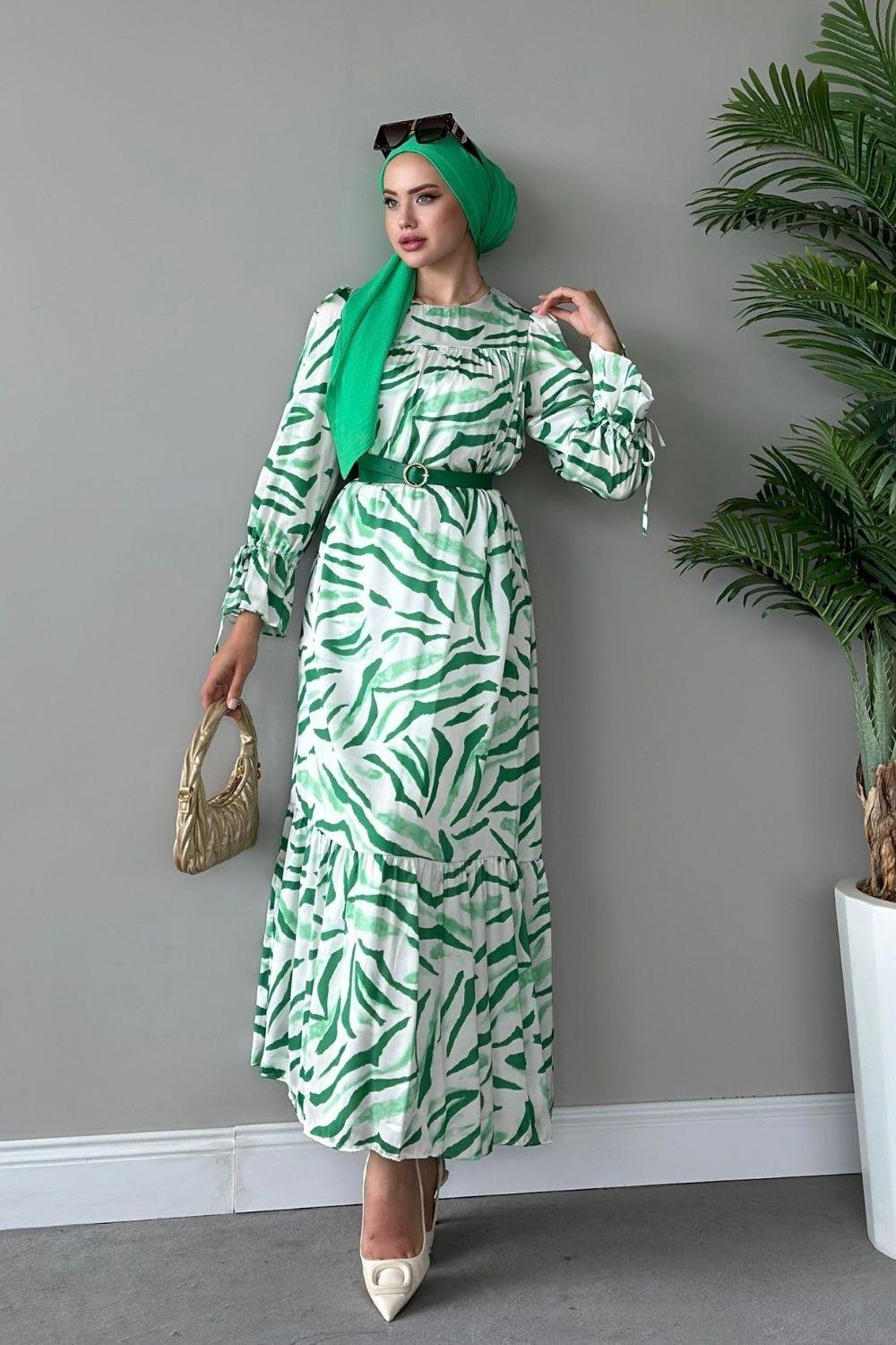 Belda Desenli Elbise Yeşil 4744 